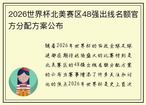 2026世界杯北美赛区48强出线名额官方分配方案公布
